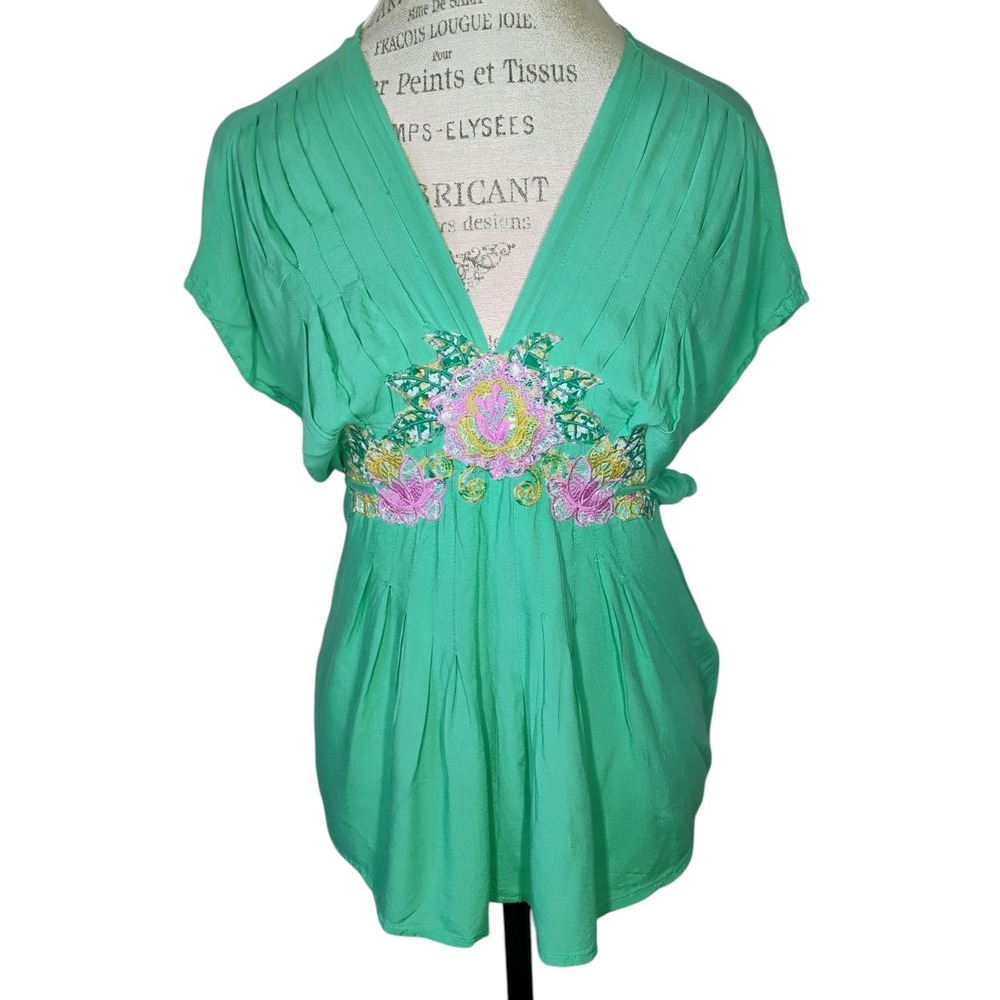 Lulumari Floral Embroidered Top Womens Large Turquoise Boho Chic Y2K 2010s Indie